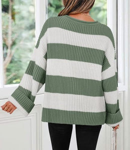 ZESICA Women's 2025 Fall Long Sleeve Oversized Striped Color Block Comfy Loose Crew Neck Knitted Pullover Sweater Green Small