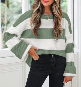 ZESICA Women's 2025 Fall Long Sleeve Oversized Striped Color Block Comfy Loose Crew Neck Knitted Pullover Sweater Green Small