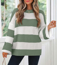 Load image into Gallery viewer, ZESICA Women&#39;s 2025 Fall Long Sleeve Oversized Striped Color Block Comfy Loose Crew Neck Knitted Pullover Sweater Green Small

