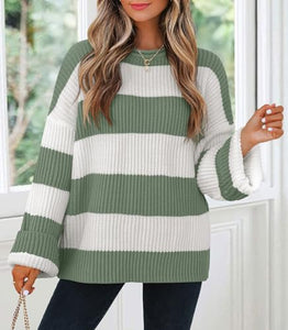 ZESICA Women's 2025 Fall Long Sleeve Oversized Striped Color Block Comfy Loose Crew Neck Knitted Pullover Sweater Green Small