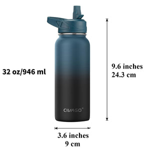 CIVAGO 32 oz Insulated Water Bottle With Straw, Stainless Steel Sports Water Cup Flask with 3 Lids (Straw, Spout and Handle Lid), Wide Mouth Travel Thermal Mug, Indigo Black