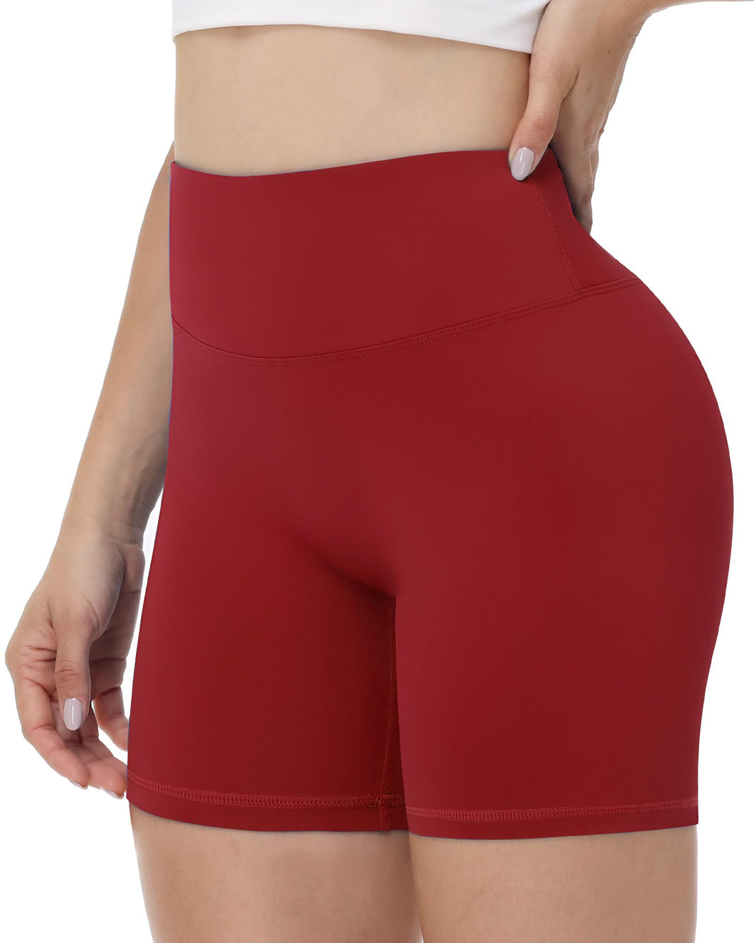 Runhit No Front Seam Biker Shorts for Women - 5'' High Waisted Workout Gym Yoga Athletic Compression Spandex Shorts with Tummy Control Red Medium
