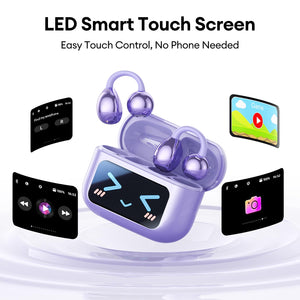 Clip On Earbuds, Open Ear Earbuds Wireless Bluetooth 5.4, Clip On Headphones with LCD Touchscreen, Lightweight Comfort Open Ear Headphones for Sports, Fitness, and Workouts, M100 Purple
