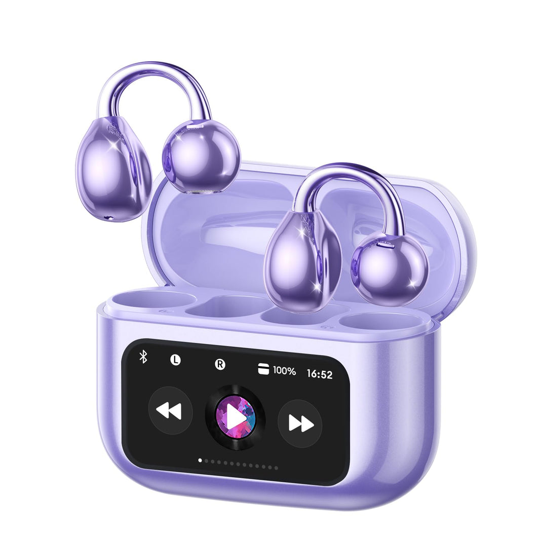Clip On Earbuds, Open Ear Earbuds Wireless Bluetooth 5.4, Clip On Headphones with LCD Touchscreen, Lightweight Comfort Open Ear Headphones for Sports, Fitness, and Workouts, M100 Purple