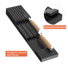 Load image into Gallery viewer, TIOPGHAD Bamboo-Silverware-Drawer-Organizer-Kitchen, Expandable Utensil Holder Cutlery Tray Flatware Organization Adjustable Wood Tableware Dividers Storage (with Removable Knife Block)(Black)
