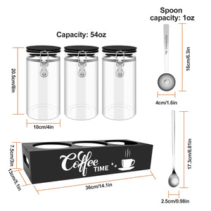 OARSE 3 PCS Glass Coffee Container with Wooden Shelf,3 x 54 oz Glass Coffee Bean Storage Container with Airtight Locking Clamp Lid Spoons Coffee Canister Set,Jars for Coffee Beans,Nuts,Tea,Sugar