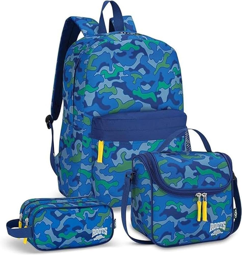 Roots Essential 3-in-1 Matching Water Resistant Kids Backpack and Lunch Bag Set with Bonus Pencil Case - Made from 100% Recycled Fabrics -22.5 litres, Blue Green Camo