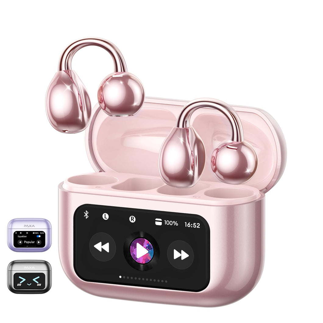 PAXA Clip On Open Ear Earbuds Wireless Bluetooth 5.4, Clip On Earbuds with LCD Touchscreen, Lightweight Comfort Open Ear Headphones for Sports, Fitness, and Workouts, Rose Gold M100