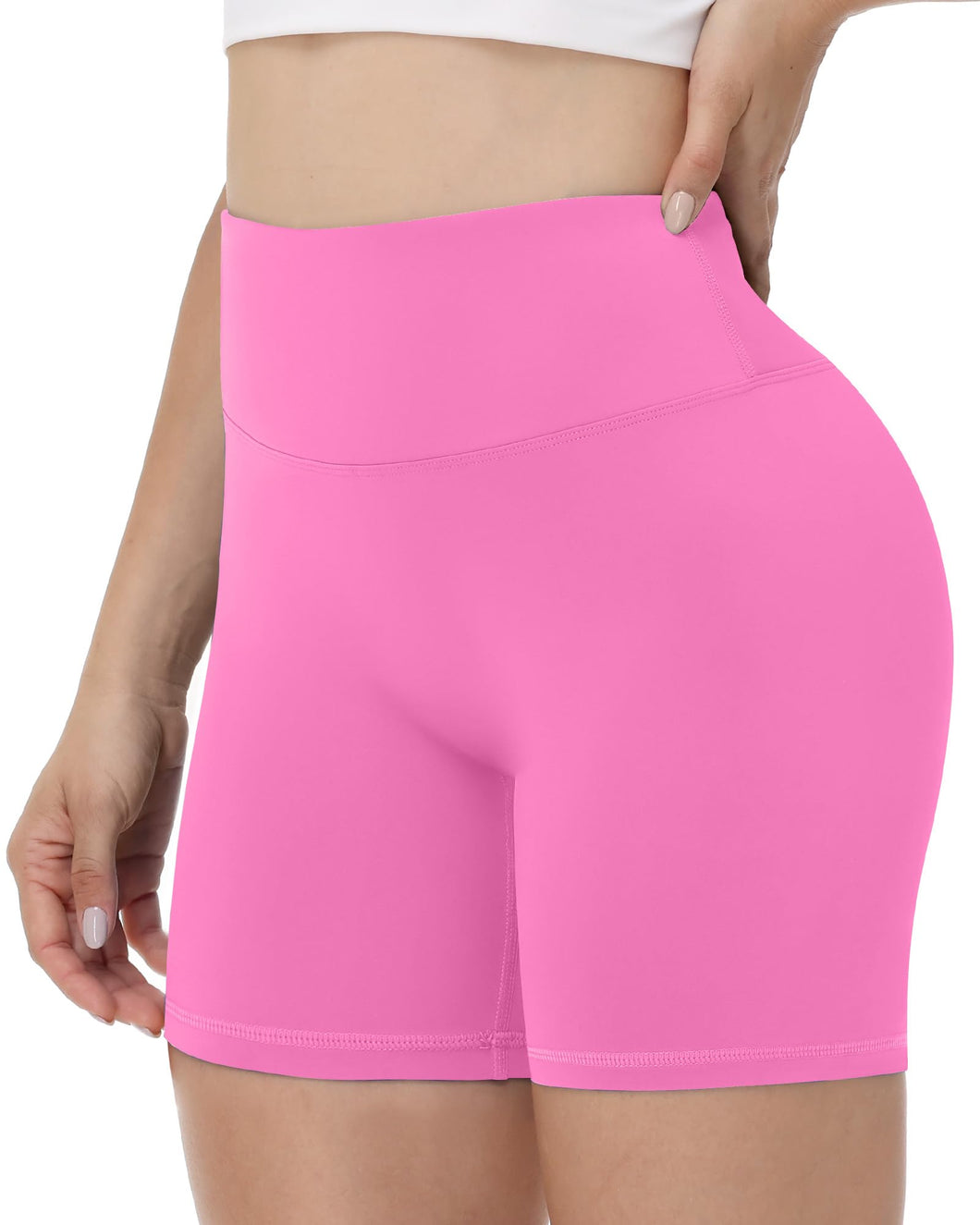 Runhit No Front Seam Biker Shorts for Women - 5'' High Waisted Workout Gym Yoga Athletic Compression Spandex Shorts with Tummy Control Hot Pink Medium