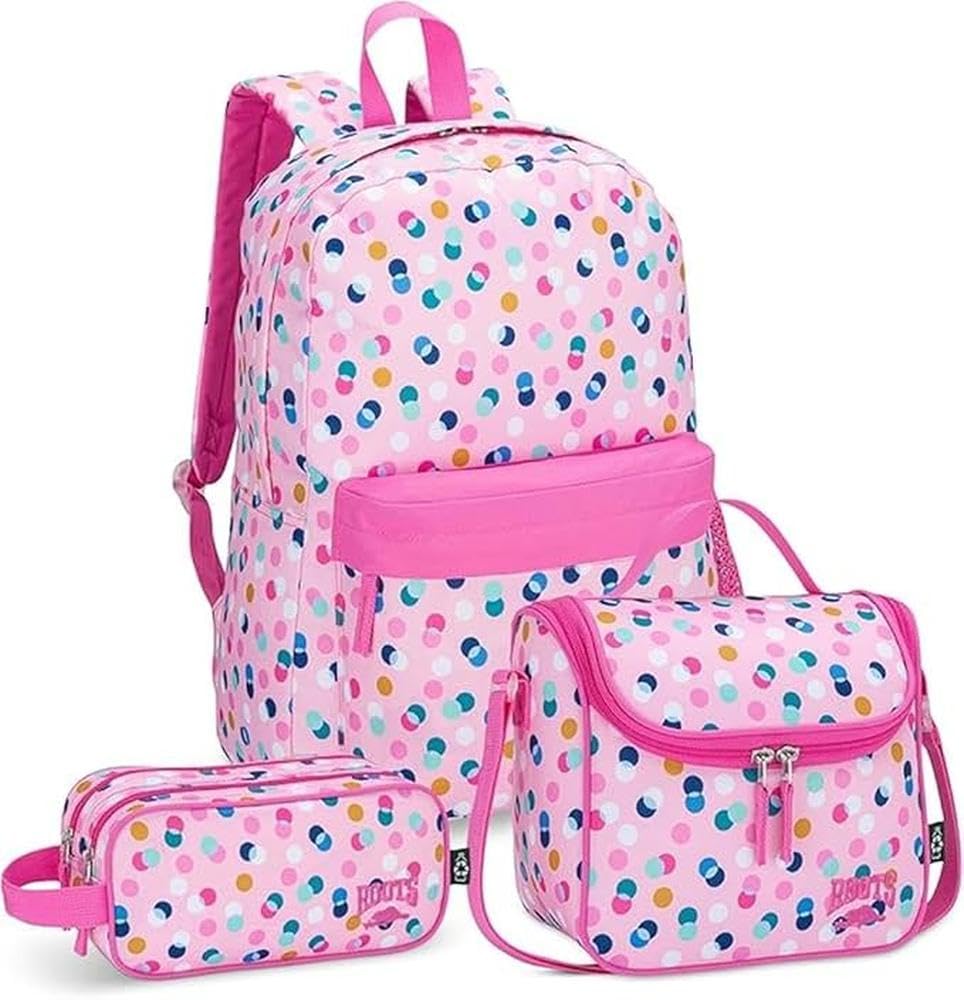 Roots Essential 3-in-1 Matching Water Resistant Kids Backpack and Lunch Bag Set with Bonus Pencil Case - Made from 100% Recycled Fabrics -22.5 litres, Pink Dot