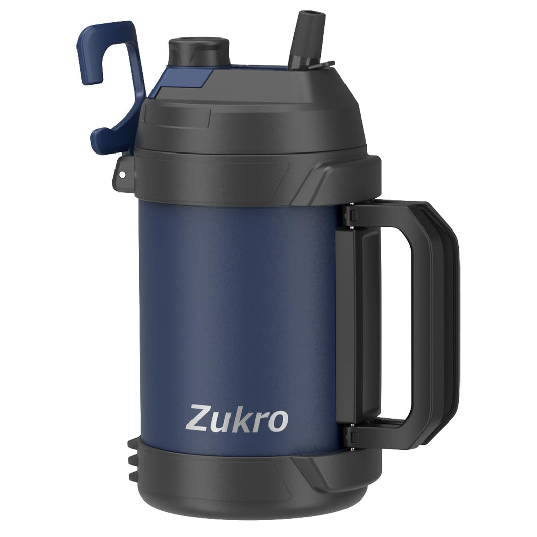 Zukro 1 Gallon Water Jug, One Gallon Large Triple Wall Insulated Metal Jug With Straw and Spout, No Sweat 128 oz Stainless Steel Sport Water Bottle Keeps Cold 48 Hours for Outdoors, Navy Blue
