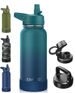 CIVAGO 32 oz Insulated Water Bottle With Straw, Stainless Steel Sports Water Cup Flask with 3 Lids (Straw, Spout and Handle Lid), Wide Mouth Travel Thermal Mug, Dark Night