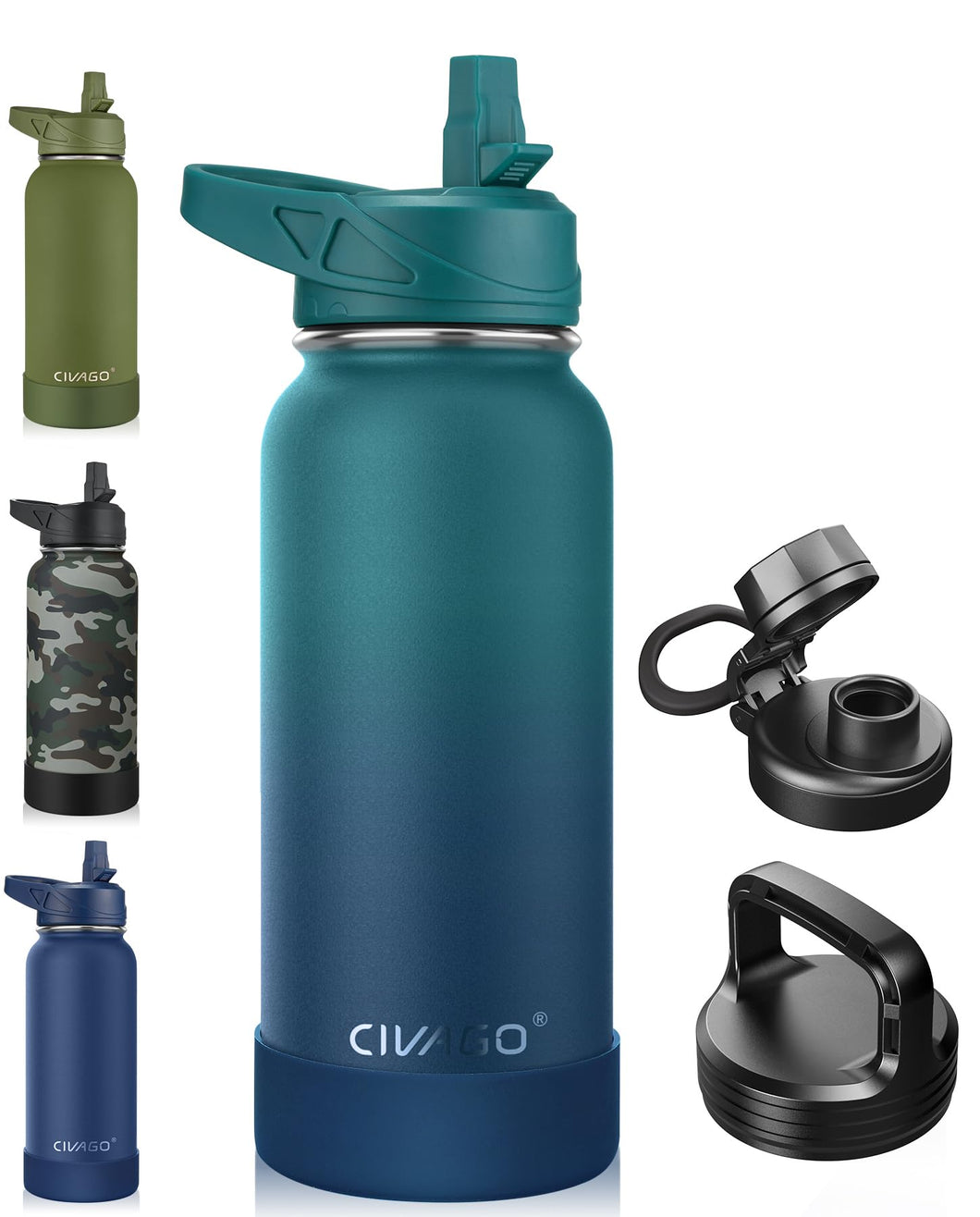 CIVAGO 32 oz Insulated Water Bottle With Straw, Stainless Steel Sports Water Cup Flask with 3 Lids (Straw, Spout and Handle Lid), Wide Mouth Travel Thermal Mug, Dark Night
