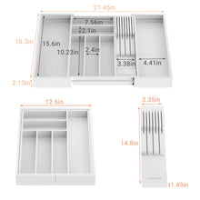 Load image into Gallery viewer, TIOPGHAD Bamboo-Silverware-Drawer-Organizer-Kitchen, Expandable Utensil Holder Cutlery Tray Flatware Organization Adjustable Wood Tableware Dividers Storage (with Removable Knife Block)(White)
