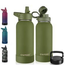 Load image into Gallery viewer, CIVAGO 32 oz Insulated Water Bottle With Straw, Stainless Steel Sports Water Cup Flask with 3 Lids (Straw, Spout and Handle Lid), Wide Mouth Travel Thermal Mug, Army Green
