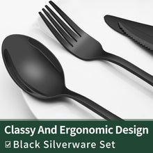 Load image into Gallery viewer, 24-Piece Black Silverware Set with Steak Knives, Black Flatware Set for 4, Food-Grade Stainless Steel Tableware Cutlery Set, Mirror Finished Utensil Sets for Home Restaurant
