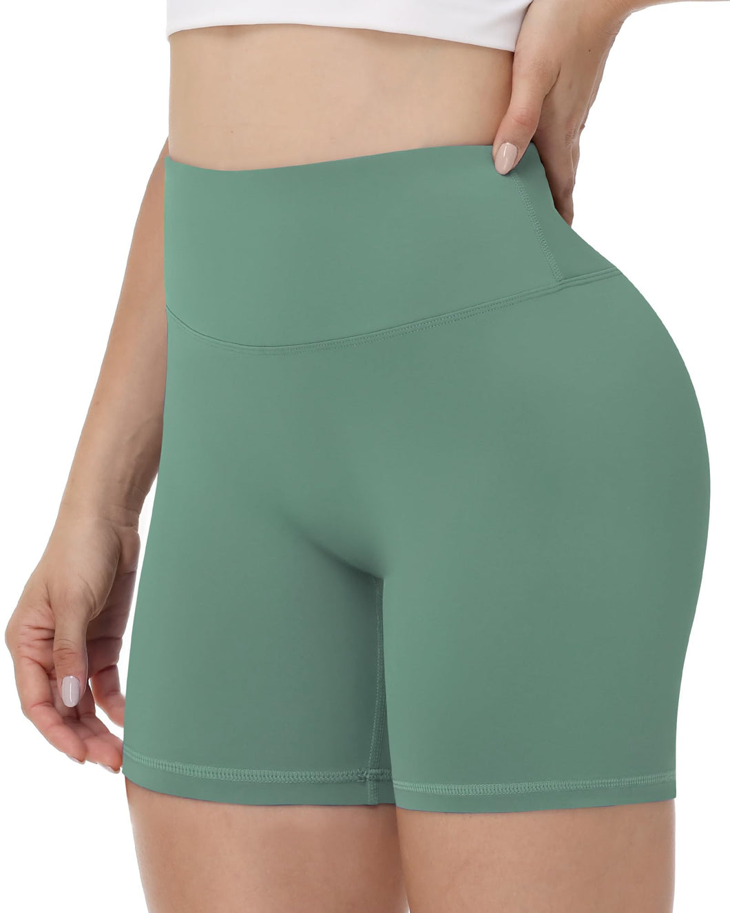 Runhit No Front Seam Biker Shorts for Women - 5'' High Waisted Workout Gym Yoga Athletic Compression Spandex Shorts with Tummy Control Green Medium