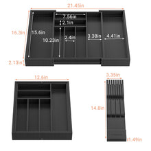 Load image into Gallery viewer, TIOPGHAD Bamboo-Silverware-Drawer-Organizer-Kitchen, Expandable Utensil Holder Cutlery Tray Flatware Organization Adjustable Wood Tableware Dividers Storage (with Removable Knife Block)(Black)
