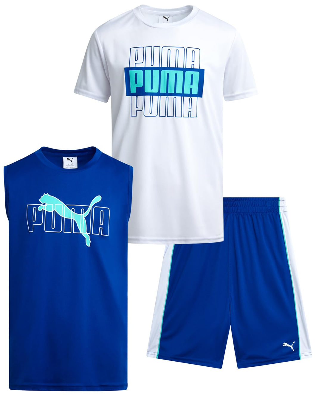 PUMA Boys Active Shorts Set - 3 Piece Performance T-Shirt, Dry Fit Tank Top, and Gym Shorts - Activewear Set for Boys (4-16), Size 8, White/Blue