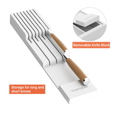 Load image into Gallery viewer, TIOPGHAD Bamboo-Silverware-Drawer-Organizer-Kitchen, Expandable Utensil Holder Cutlery Tray Flatware Organization Adjustable Wood Tableware Dividers Storage (with Removable Knife Block)(White)
