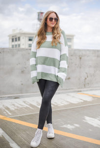 ZESICA Women's 2025 Fall Long Sleeve Oversized Striped Color Block Comfy Loose Crew Neck Knitted Pullover Sweater Green Small