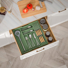 Load image into Gallery viewer, TIOPGHAD Bamboo-Silverware-Drawer-Organizer-Kitchen, Expandable Utensil Holder Cutlery Tray Flatware Organization Adjustable Wood Tableware Dividers Storage (with Removable Knife Block)(Grayish Green)
