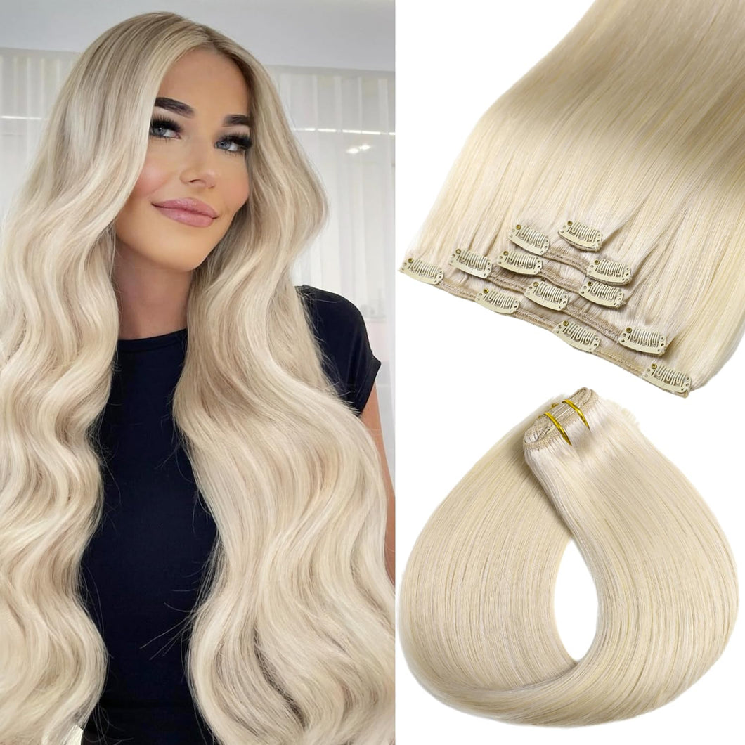 Clip in Hair Extensions Real Human Hair Straight Real Hair Extensions Clip ins Platinum Blonde Clip in Extensions Human Hair for Women Remy Hair Clip ins 16 Inch 80g/5pcs