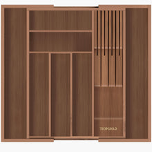 Load image into Gallery viewer, TIOPGHAD Bamboo-Silverware-Drawer-Organizer-Kitchen, Expandable Utensil Holder Cutlery Tray Flatware Organization Adjustable Wood Tableware Dividers Storage (with Removable Knife Block)(Brown)
