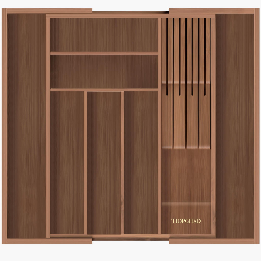 TIOPGHAD Bamboo-Silverware-Drawer-Organizer-Kitchen, Expandable Utensil Holder Cutlery Tray Flatware Organization Adjustable Wood Tableware Dividers Storage (with Removable Knife Block)(Brown)
