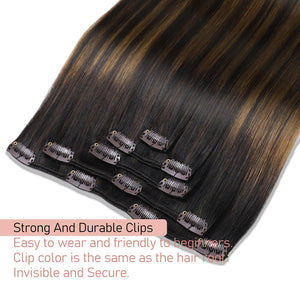 Clip in Hair Extensions Real Human Hair 20 Inch Straight Human Hair Clip in Extensions Balayage Dark Brown to Chestnut Brown Remy Hair Extensions Clip ins for Women 80g/5pcs