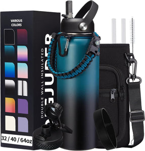 DIGJUPER Vacuum Insulated Water Bottle 40oz - with Straw & Spout Lids, Paracord Handle, Shoulder Carrier Bag, Sport Stainless Steel,Double-Wall Metal Water Bottle Thermo Hydro Mug Flask