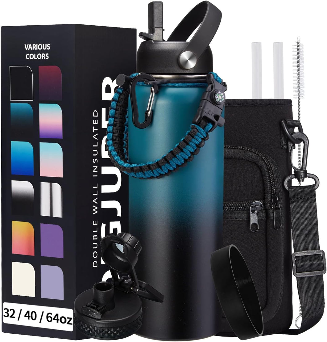 DIGJUPER Vacuum Insulated Water Bottle 40oz - with Straw & Spout Lids, Paracord Handle, Shoulder Carrier Bag, Sport Stainless Steel,Double-Wall Metal Water Bottle Thermo Hydro Mug Flask