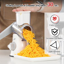 Load image into Gallery viewer, Ourokhome Rotary Cheese Grater Hand Crank, Kitchen Shredder Speed Mandolin Slicer Ice Shaver with Handle and Drum Blades for Cheese, Vegetable, Nuts, Chocolate, Potato, Carrot, 5 Blades, White

