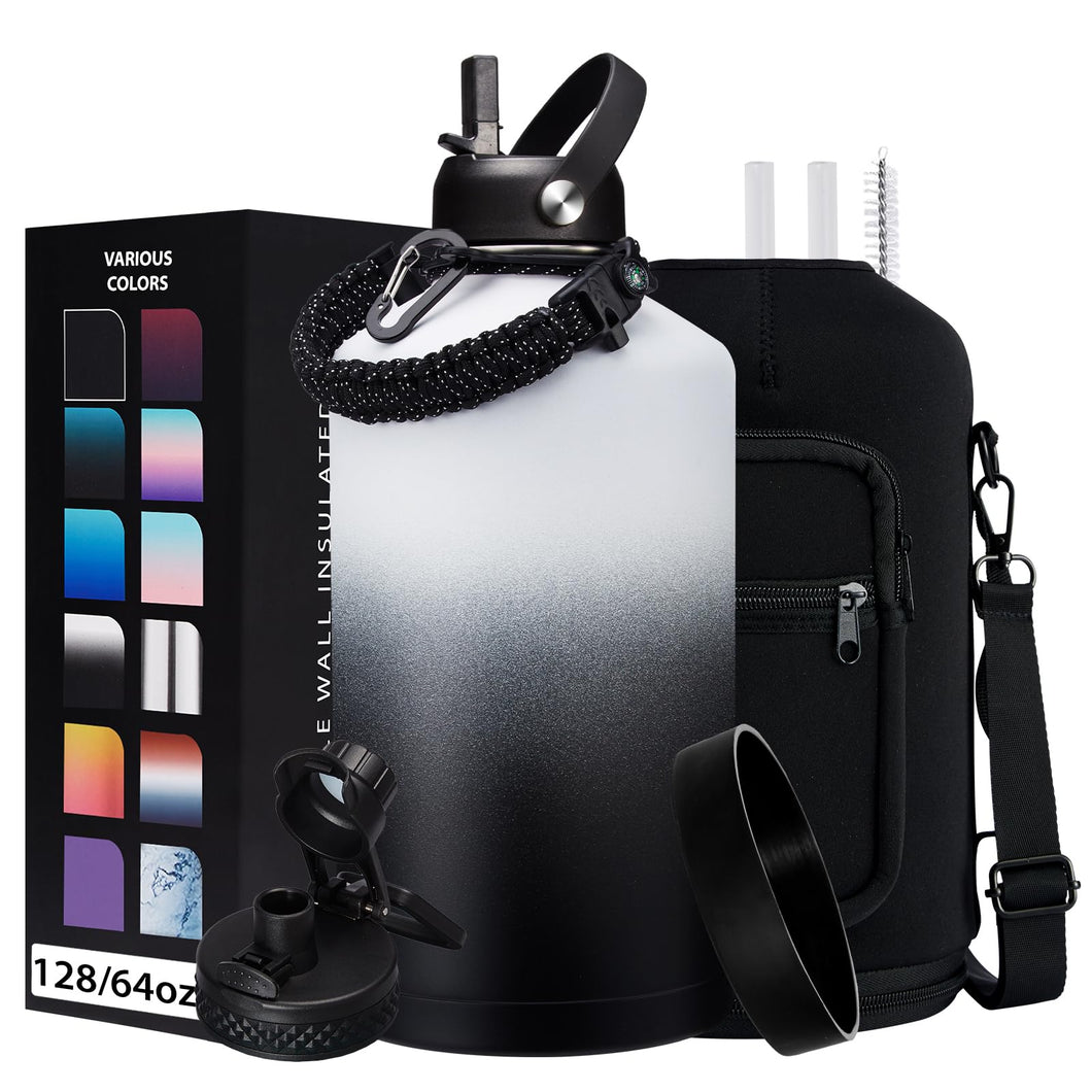 Insulated Water-Jug Gallon Water Bottles - with Straw & Spout Lids, Paracord Handle & Bottle Carrier, 128OZ Metal Gallon Water Bottle Large, Vacuum Thermo Jug Stainless Steel Water Flask Jug