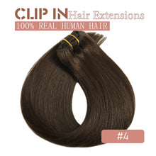 Load image into Gallery viewer, Clip in Hair Extensions Real Human Hair Straight Clip in Human Hair Extensions for Women #4 Medium Brown Remy Human Hair Clip ins 16 Inch 80g 5pcs Double Weft
