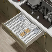 Load image into Gallery viewer, TIOPGHAD Bamboo-Silverware-Drawer-Organizer-Kitchen, Expandable Utensil Holder Cutlery Tray Flatware Organization Adjustable Wood Tableware Dividers Storage (with Removable Knife Block)(White)
