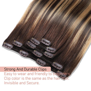 Clip in Hair Extensions Real Human Hair Extensions 20 Inch Human Hair Clip in Extensions Balayage Chocolate Brown to Caramel Blonde Clip ins for Women Remy Human Hair Extensions #4/4/27 80g 5pcs