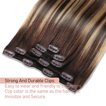 Load image into Gallery viewer, Straight Clip in Hair Extensions #4/4/27 Human Hair Clip in Extensions Remy Human Hair Extensions 22 Inch 5pcs 80g Balayage Chocolate Brown to Caramel Blonde Real Hair Clip ins for Women
