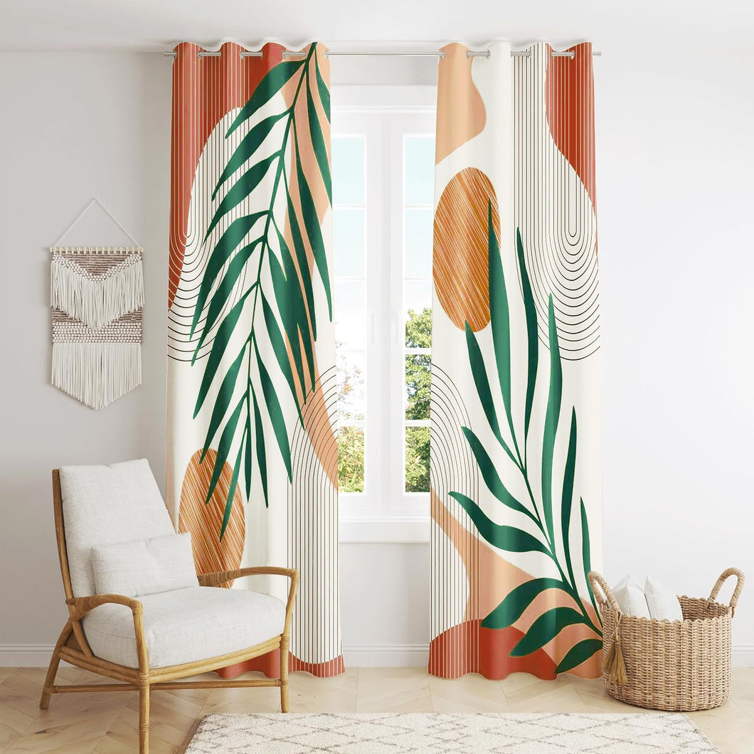 ZYLLGLOW Mid Century Modern Curtains Set Thick Cotton Boho Curtain Blackout for Bedroom Bohemian Style Decor Window Leaf Print Classical Drapes for Living Dining Room, 2 Panels, W52×84L