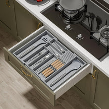 Load image into Gallery viewer, TIOPGHAD Bamboo-Silverware-Drawer-Organizer-Kitchen, Expandable Utensil Holder Cutlery Tray Flatware Organization Adjustable Wood Tableware Dividers Storage (with Removable Knife Block)(Grey)
