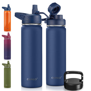 CIVAGO 22 oz Insulated Water Bottle With Straw, Stainless Steel Sports Water Flask Cup with 3 Lids (Straw, Portable Spout and Handle Lid), Double Walled Travel Thermal Canteen Mug, Navy Blue