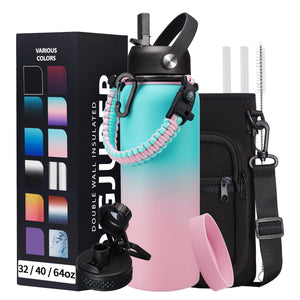 DIGJUPER 40 oz Insulated Water Bottle - Stainless Steel Water Bottles with Straw & Spout Lids, Paracord Handle, Carrier Bag, Protective Cup Mat, Keep Cold-48H & Hot-12H Metal Water Flask