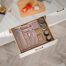Load image into Gallery viewer, TIOPGHAD Bamboo-Silverware-Drawer-Organizer-Kitchen, Expandable Utensil Holder Cutlery Tray Flatware Organization Adjustable Wood Tableware Dividers Storage (with Removable Knife Block)(Grey Pink)
