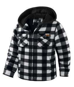 JACKETOWN Boys Fleece Jacket Kids Plaid Flannel Shacket Shirts Sherpa Hoodie Zip Up Sweatshirt Winter Coat 6-15 Years White Black 10-11 Years