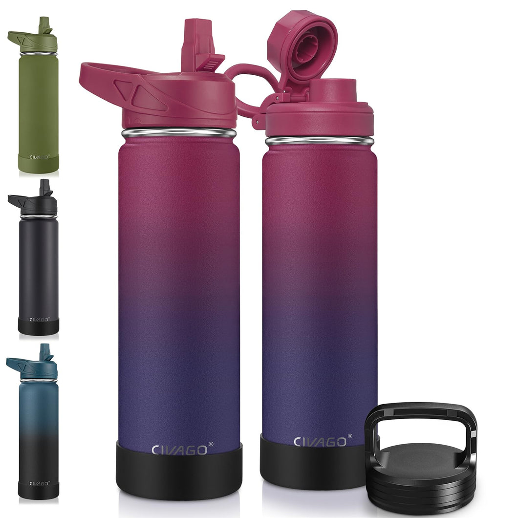CIVAGO 22 oz Insulated Water Bottle With Straw, Stainless Steel Sports Water Flask Cup with 3 Lids (Straw, Portable Spout and Handle Lid), Double Walled Travel Thermal Canteen Mug, Dark Rainbow