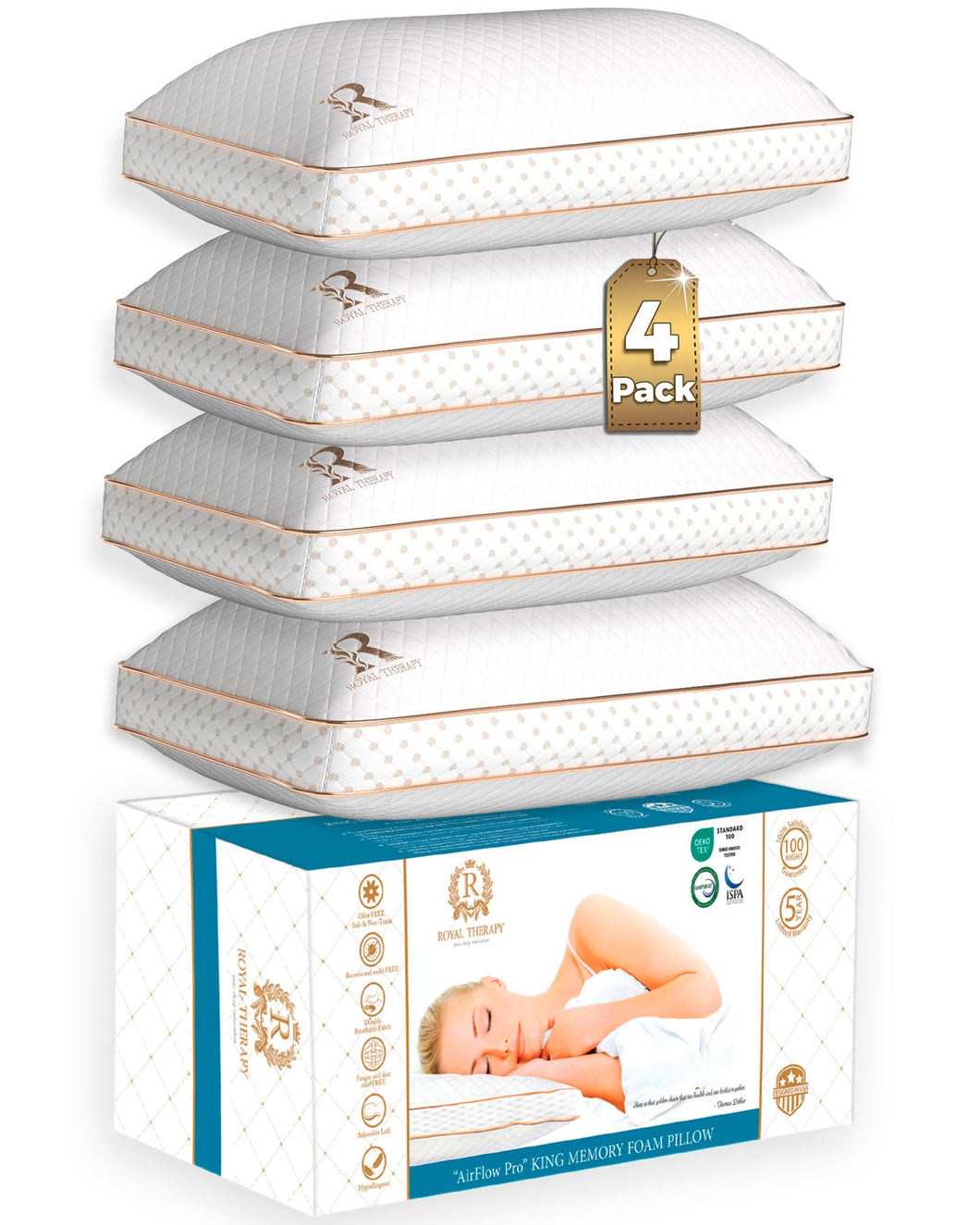 Royal Therapy Queen Memory Foam Pillows 4-Pack - Shredded Memory Foam Pillow for All Sleep Positions - Medium Firm Pillow with Adjustable Loft, Bamboo Rayon Cover, CertiPUR-US, Oeko-TEX Certified