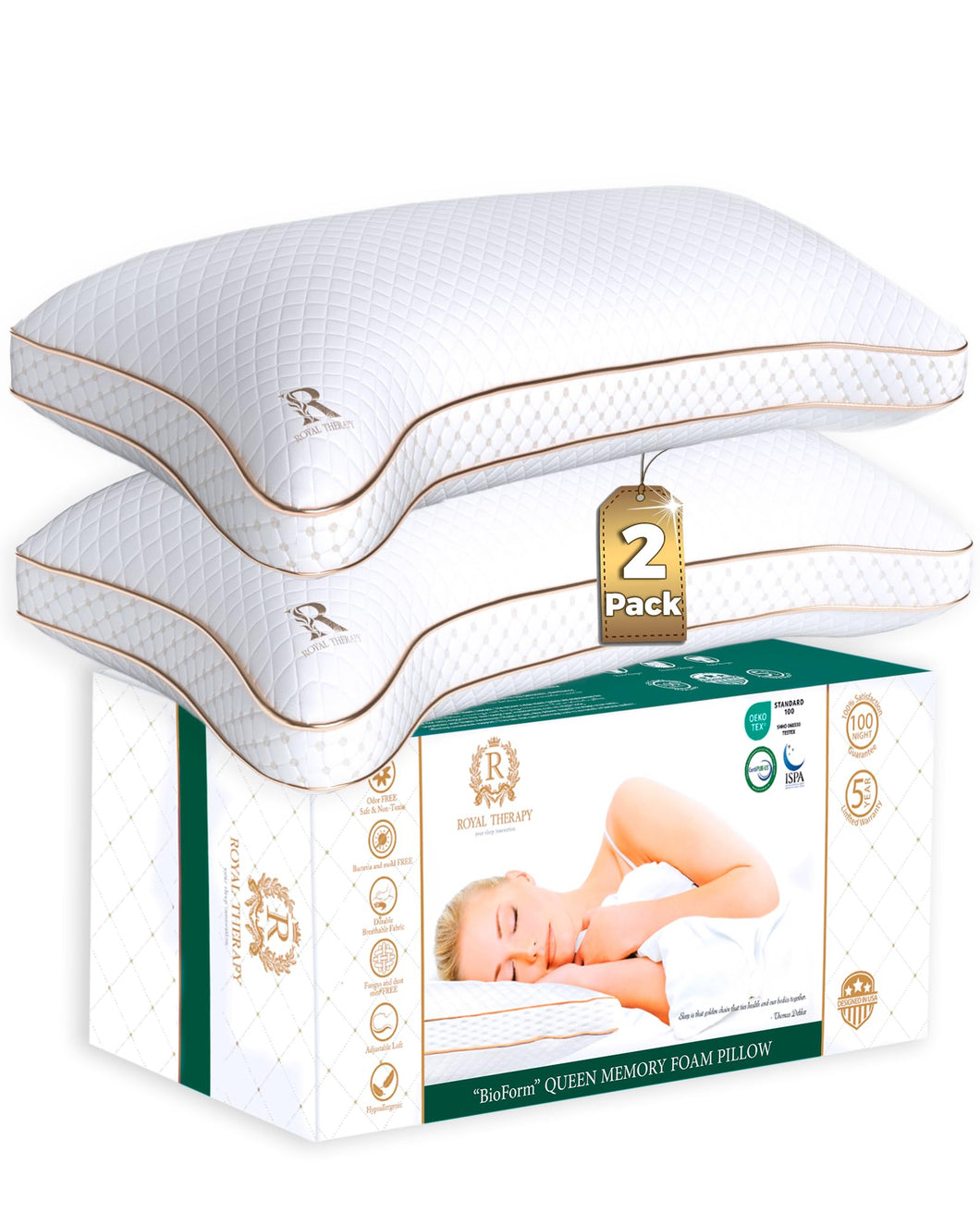 Royal Therapy King Pillows 2 Pack - Shredded Memory Foam Pillows for All Sleep Positions - Medium Firm Pillow with Adjustable Loft, Bamboo Rayon Cover, CertiPUR-US, Oeko-TEX Certified