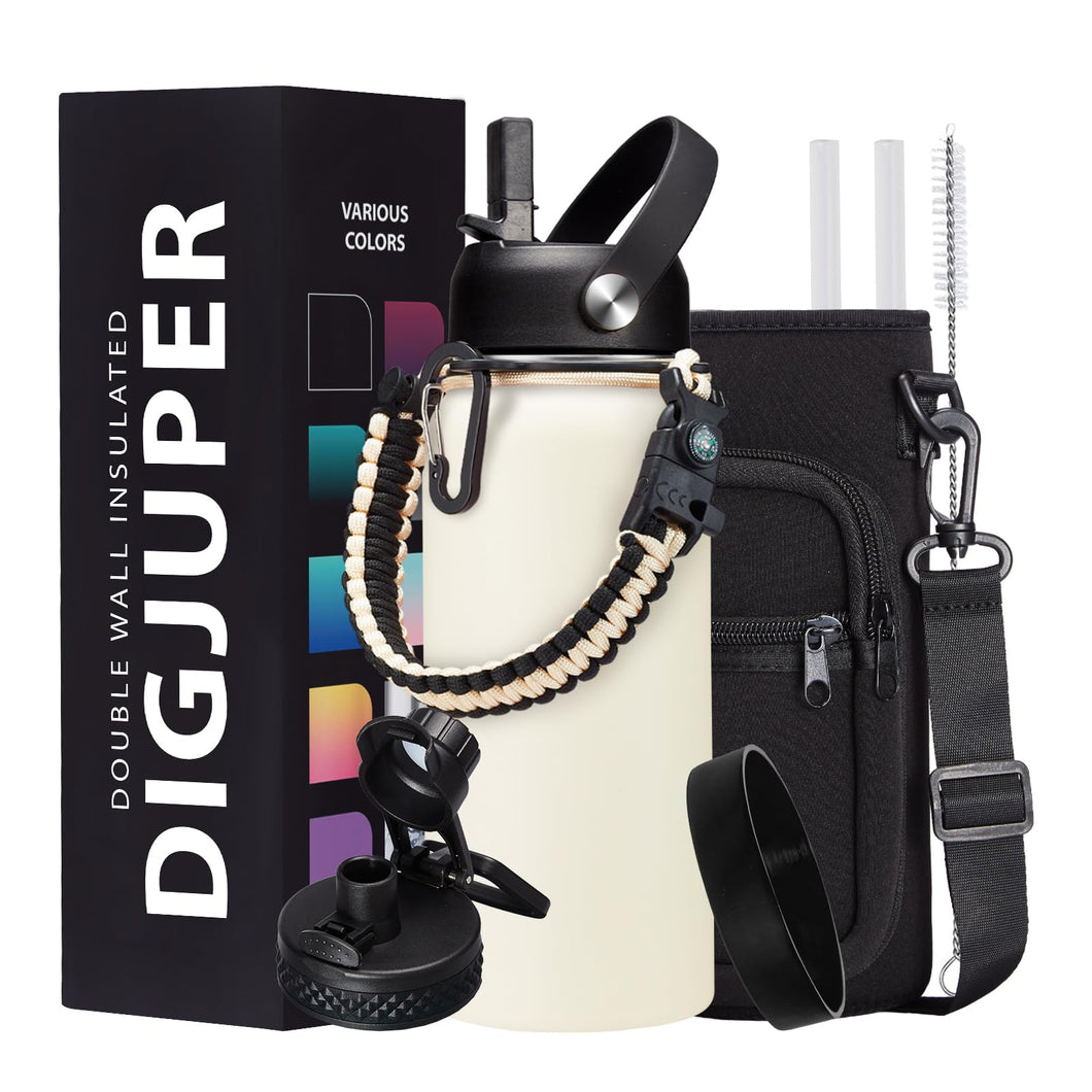 DIGJUPER Insulated Water Bottle - 32oz 40oz 64oz Water Bottles with Straw & Spout Lids, Carrier Bag, Paracord Handle and Flask Boot, Reusable Stainless Steel Water Bottle, Metal Canteen Mug for Work