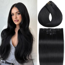 Load image into Gallery viewer, Clip in Hair Extensions Real Human Hair Jet Black Clip in Extensions for Women Straight Remy Human Hair Extensions 16 Inch 80g/5pcs Double Weft Hair Extensions Clip ins Reusable
