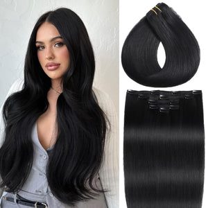 Clip in Hair Extensions Real Human Hair Jet Black Clip in Extensions for Women Straight Remy Human Hair Extensions 16 Inch 80g/5pcs Double Weft Hair Extensions Clip ins Reusable